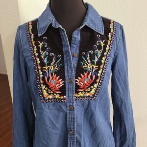 Holding Horses Floral Embroidered Denim Top